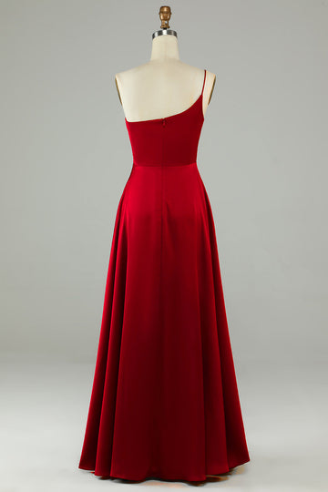 A-Line One Ramię Burgundy Long Bridesmaid Dress z falbanami